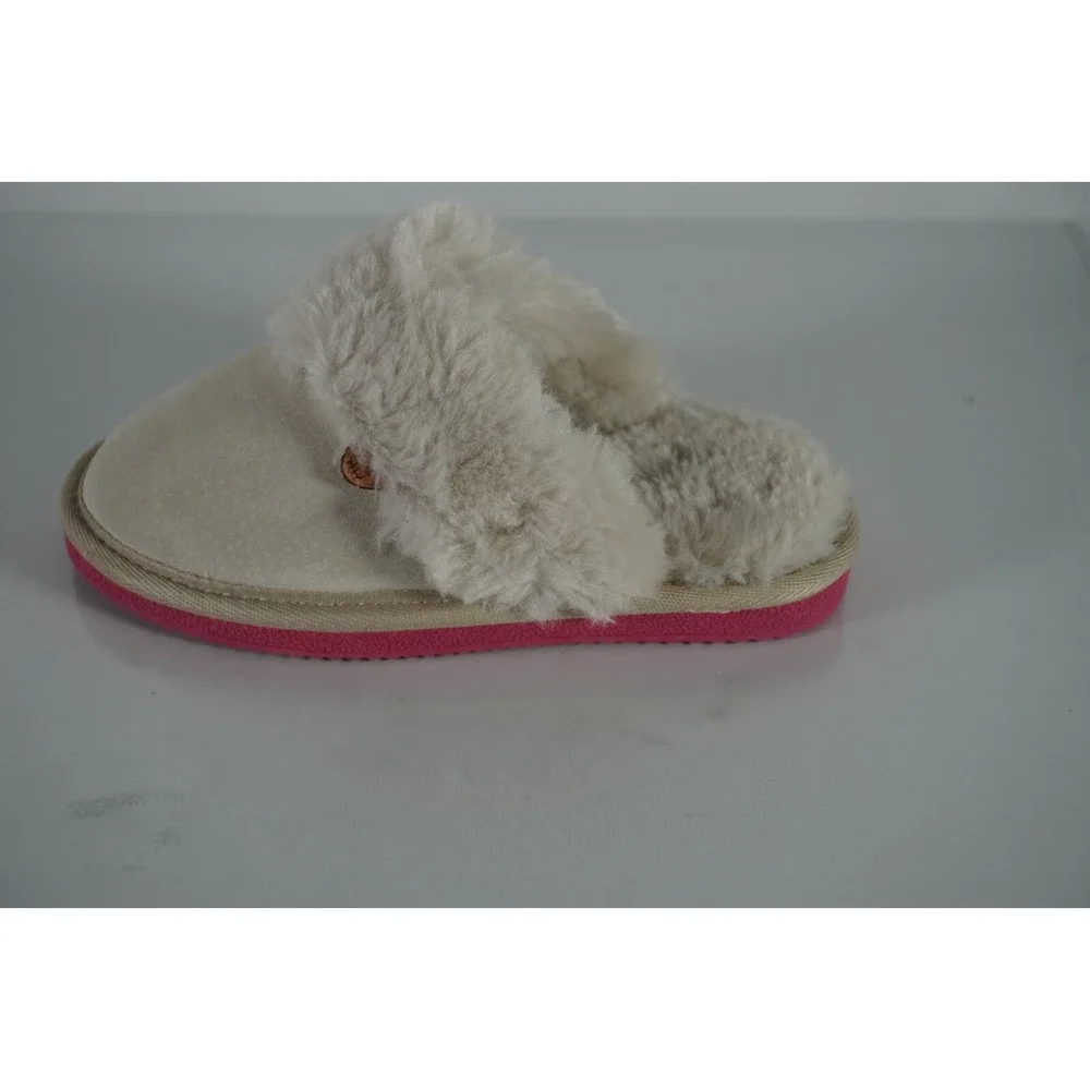 Girls LAMO Cozy Slippers Light Grey with Pink Soles Size Small 12C Warm Faux Fur